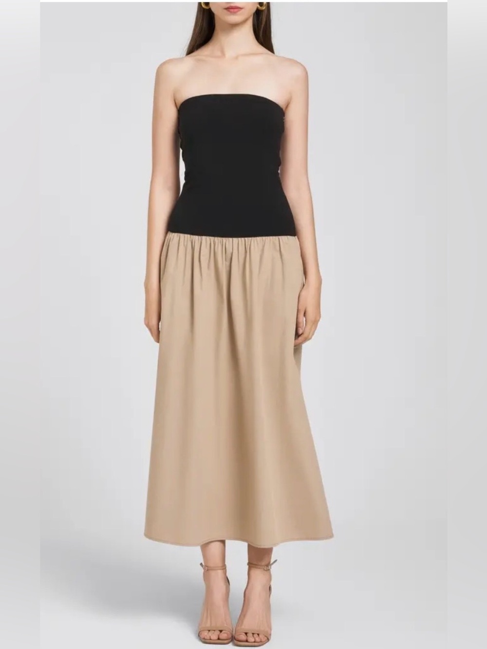 NWTs Wayf Kiersten Strapless Two-Tone Midi Dress in Black and Beige